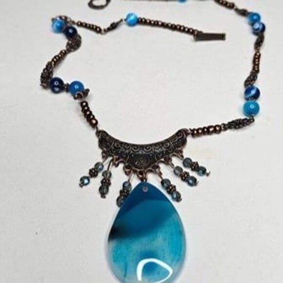 Blue Agate 2"L Pendant Brass Gold Facet Cat's Eyes Bead Necklace 22.5"L - Picture 5 of 6